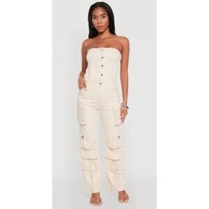 Strapless Button-Front Cargo Jumpsuit in Cream
